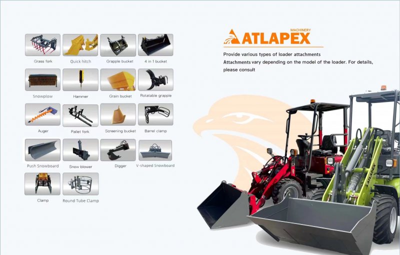 Minicargador ATLAPEX con varios tipos de accesorios de cargador para limpieza de nieve