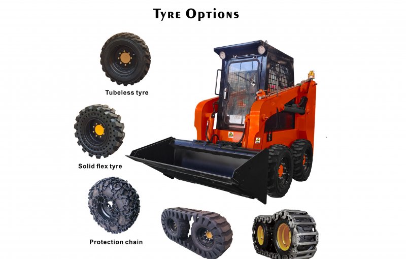 Tyre options for your skid steer loader such as tubless tires, solid tires, protection chains, rubber track or steer track,